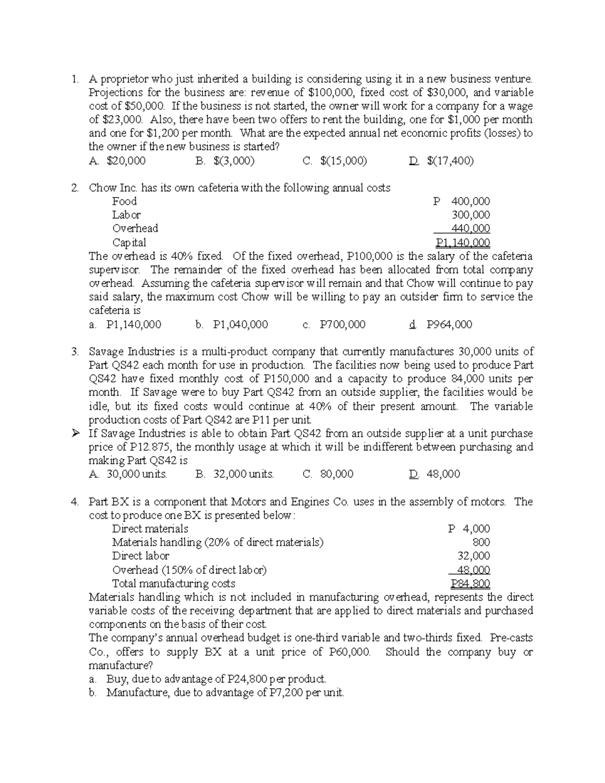 5 - Relcost Management - A proprietor who just inherited a building is ...