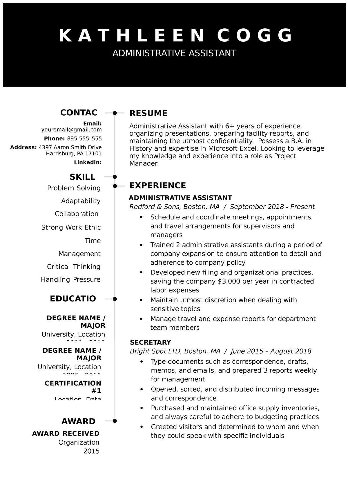 2021 Resume Template Original - K A T H L E E N C O G G Email ...