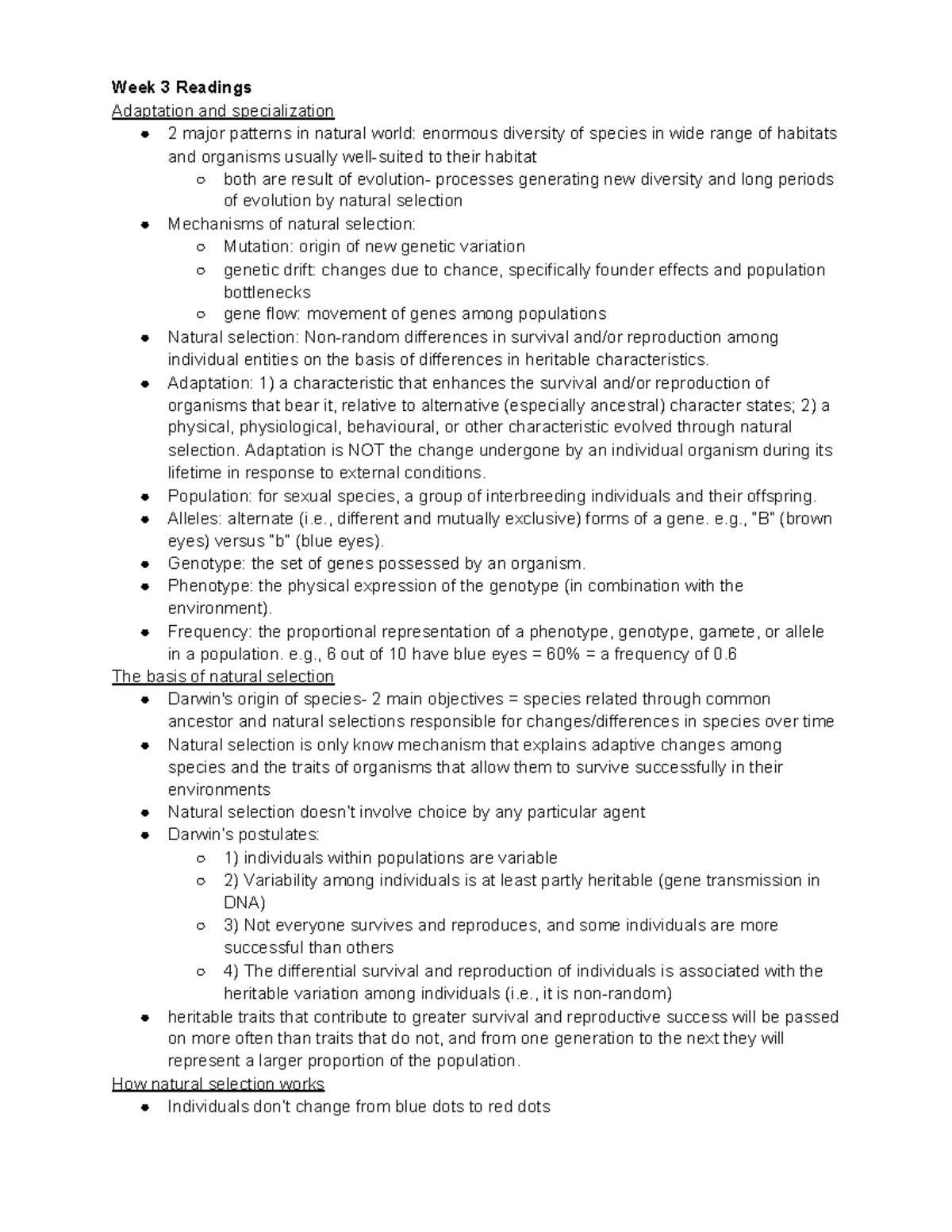 Evolution part 3 - Lecture notes 5-6 - Week 3 Readings Adaptation and ...
