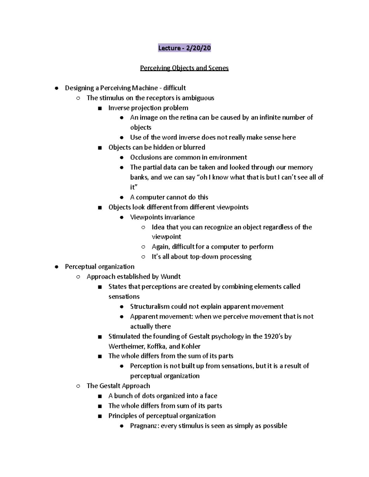 Perception Lecture - 2 20 20 - Lecture - 2/20/ Perceiving Objects and ...