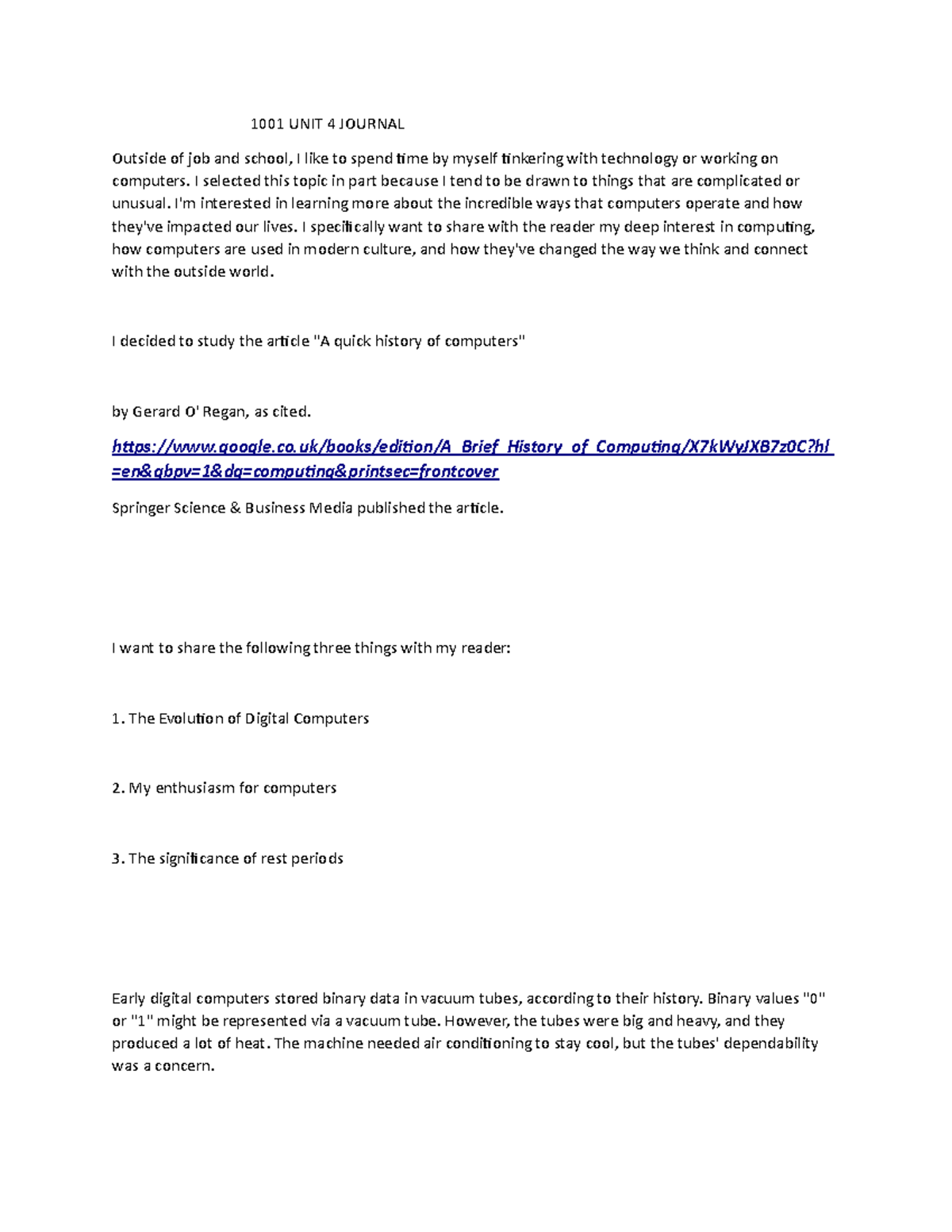 1001 UNIT 4 Journal - Good - 1001 UNIT 4 JOURNAL Outside of job and ...