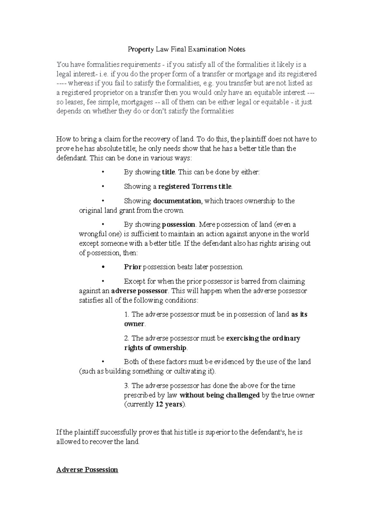 Exam Notes property law Property Law Final Examination Notes You