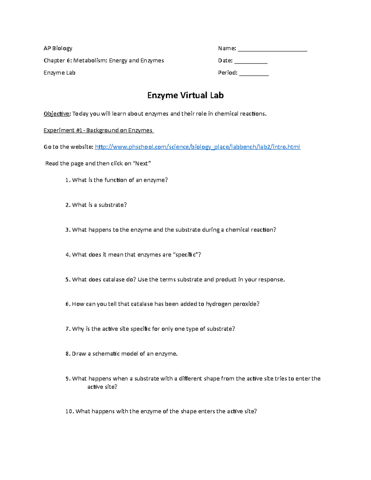 9922961 - enzyme virtual lab - AP Biology Name ...