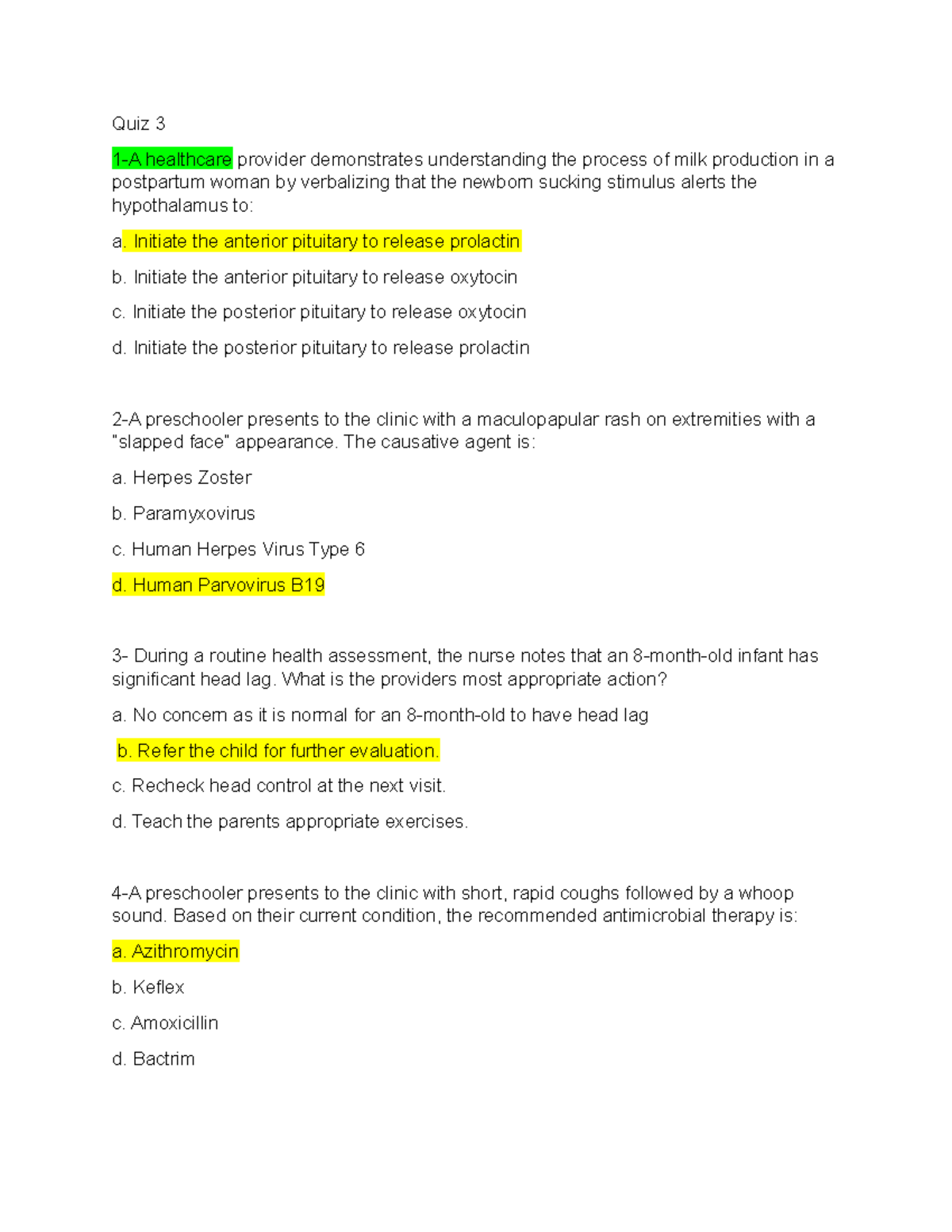 Maternity Ped. Quiz 3 practice test for finals Quiz 3 1A
