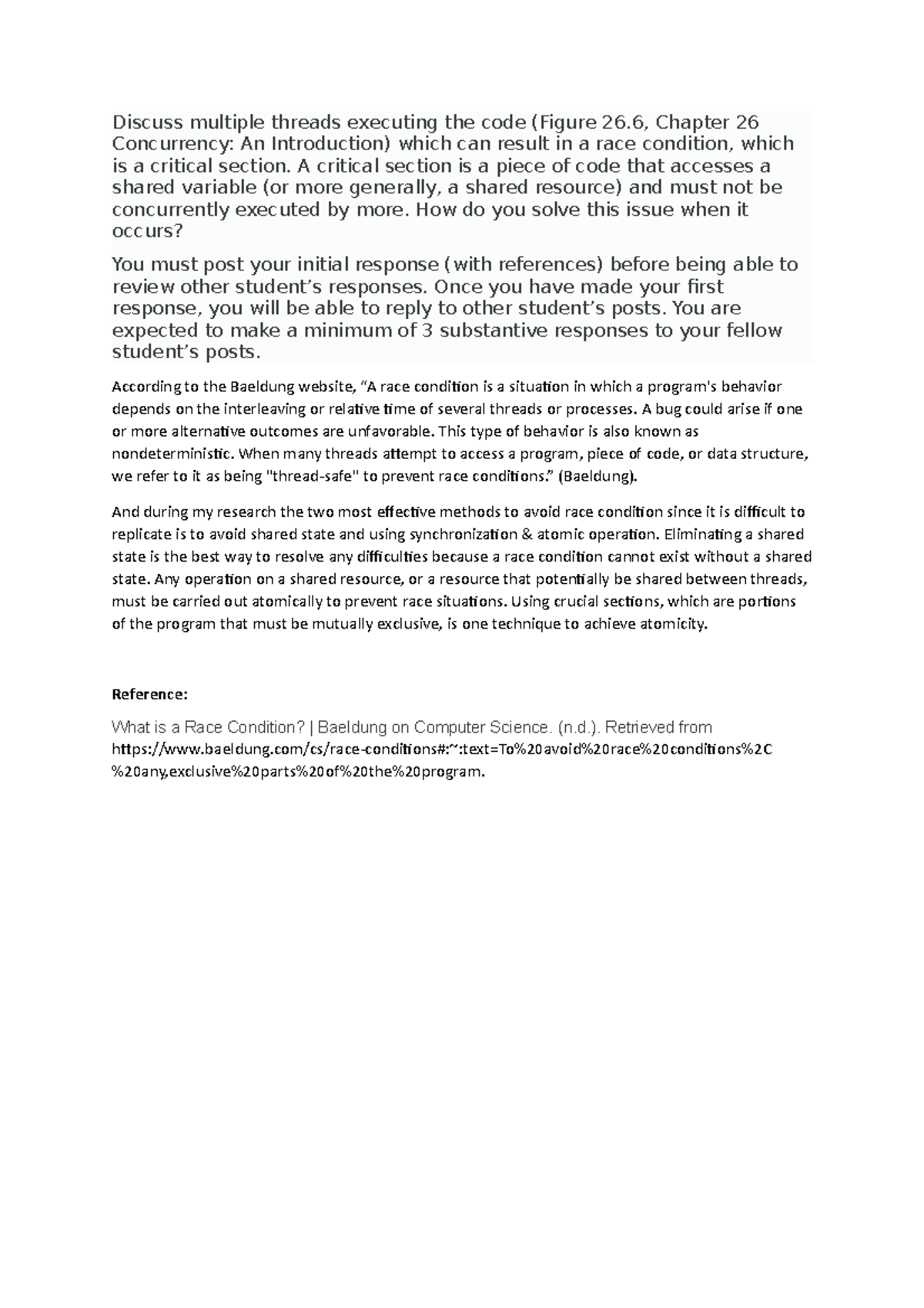 Discussion Forum Unit 1 - Discuss multiple threads executing the code ...