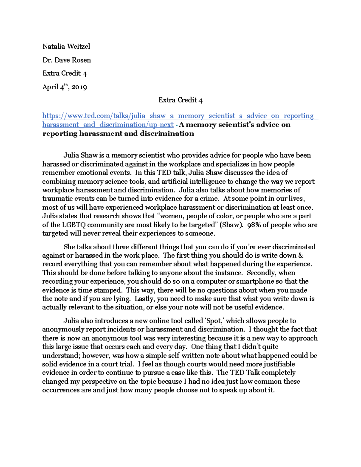 Extra Credit 4 - Professor David Rosen - Natalia Weitzel Dr. Dave Rosen ...