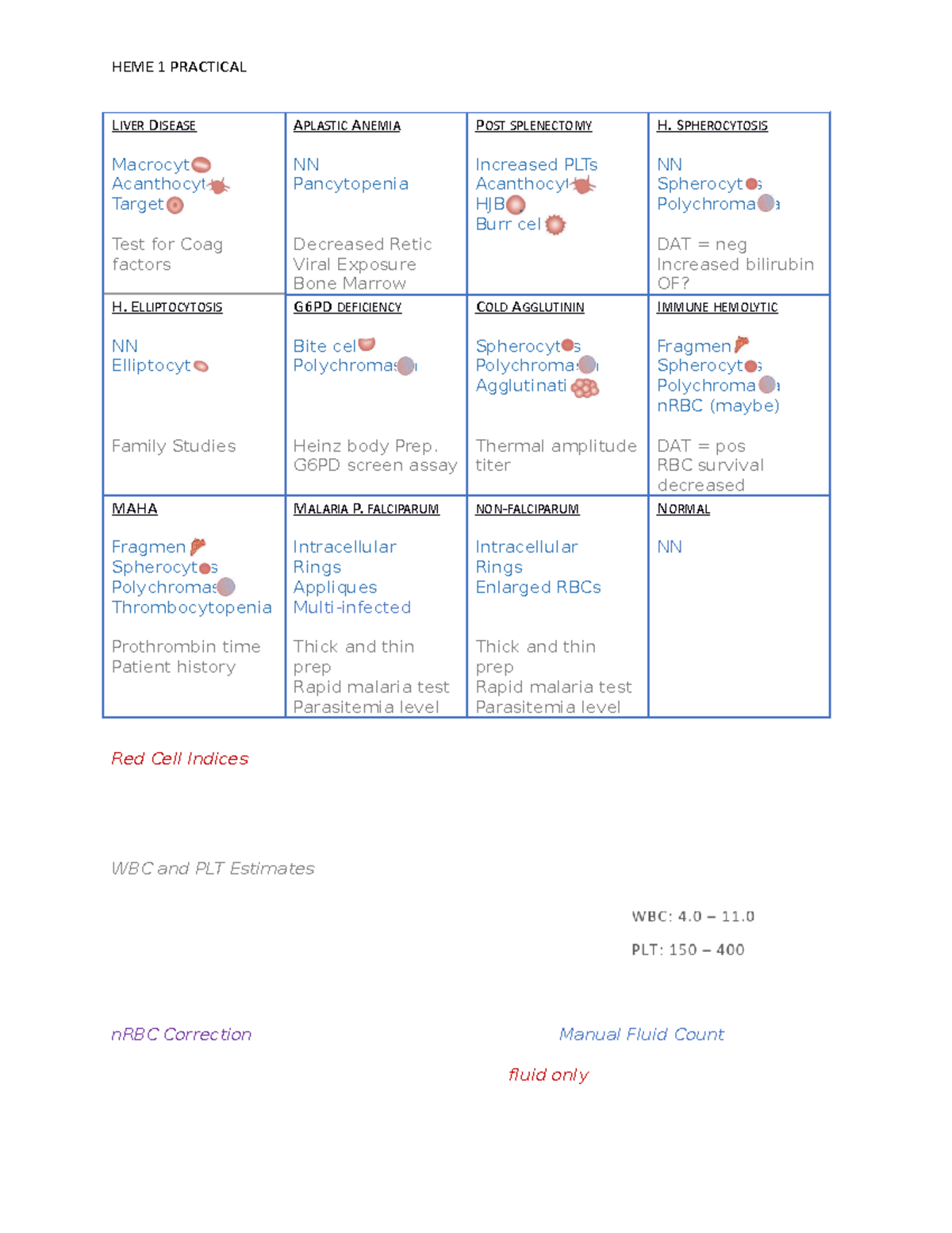 Lab Practical Cheat Sheet Heme Practical Liver Disease Macrocytic Acanthocytes Targets Test