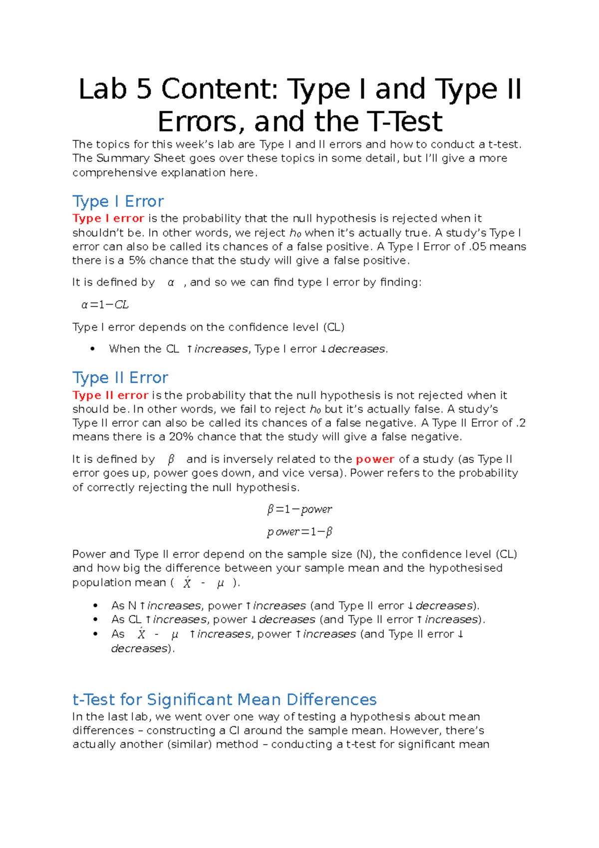 Lab 5 Content Lab 5 Content Type I and Type II Errors, and the T
