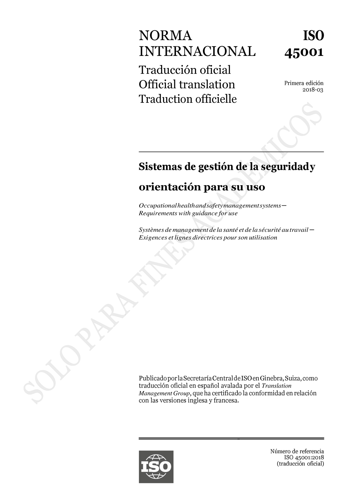 Norma ISO 45001 - NORMA ISO INTERNACIONAL 45001 TraducciÛn Oficial ...