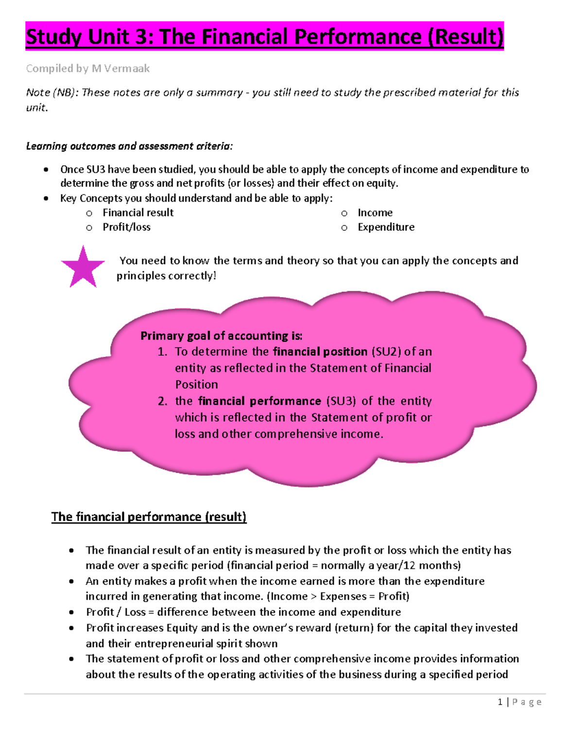 Summary Notes 3 - Study Unit 3 : The Financial Performance (Result ...