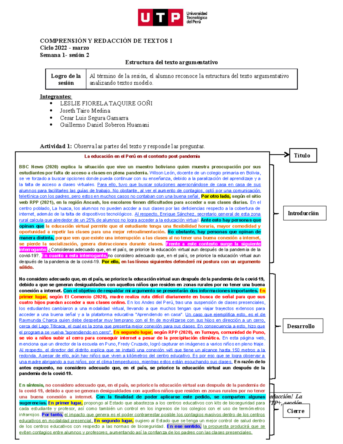 S01 S2 Material Estructura Del Texto Argumentativo ComprensiÓn Y RedacciÓn De Textos I Ciclo 0258