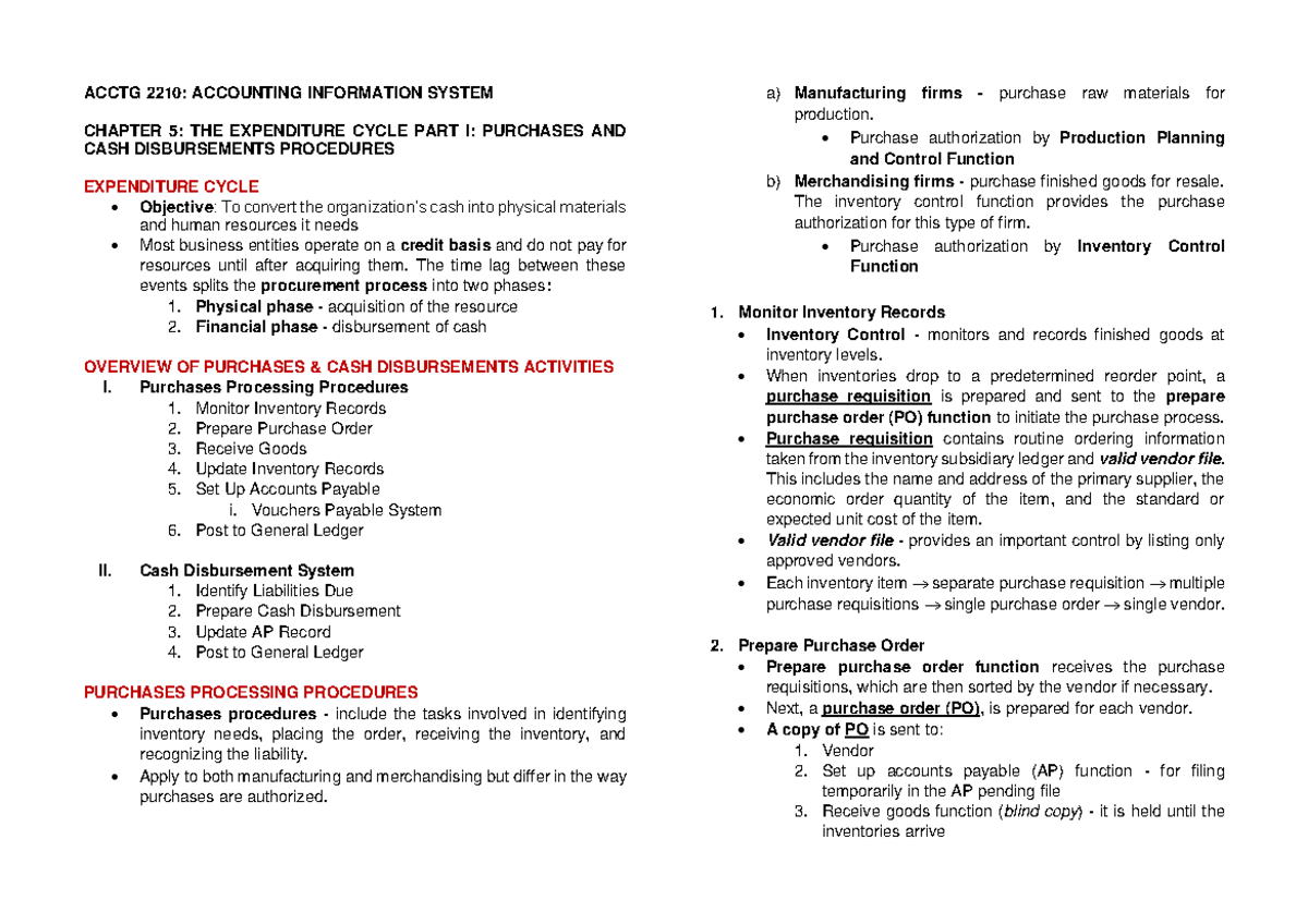 Chapter 5 Expenditure Cycle PT1 Purchases and Cash Disbursements