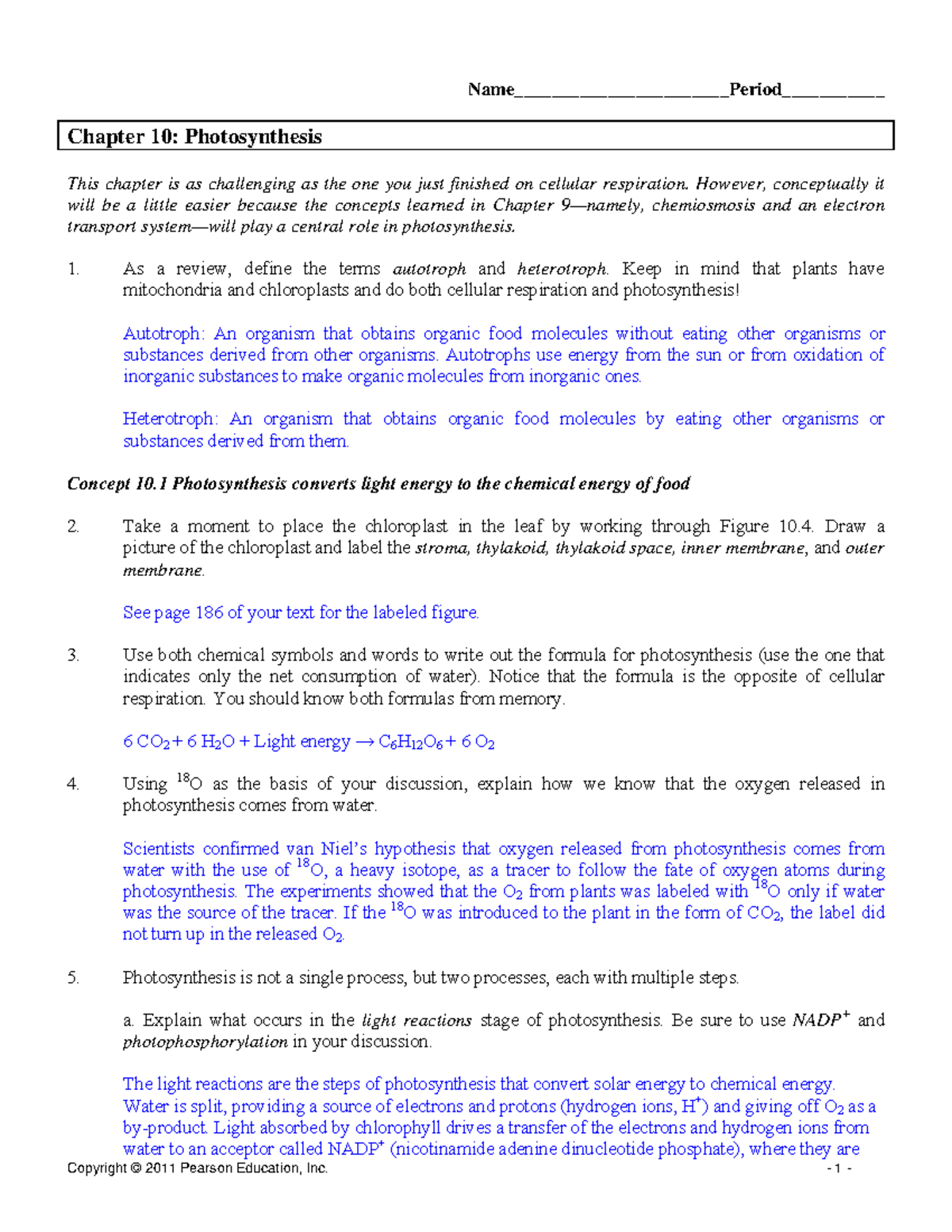 Chapter 10 Photosynthesis Answers - Name_______________________Period ...