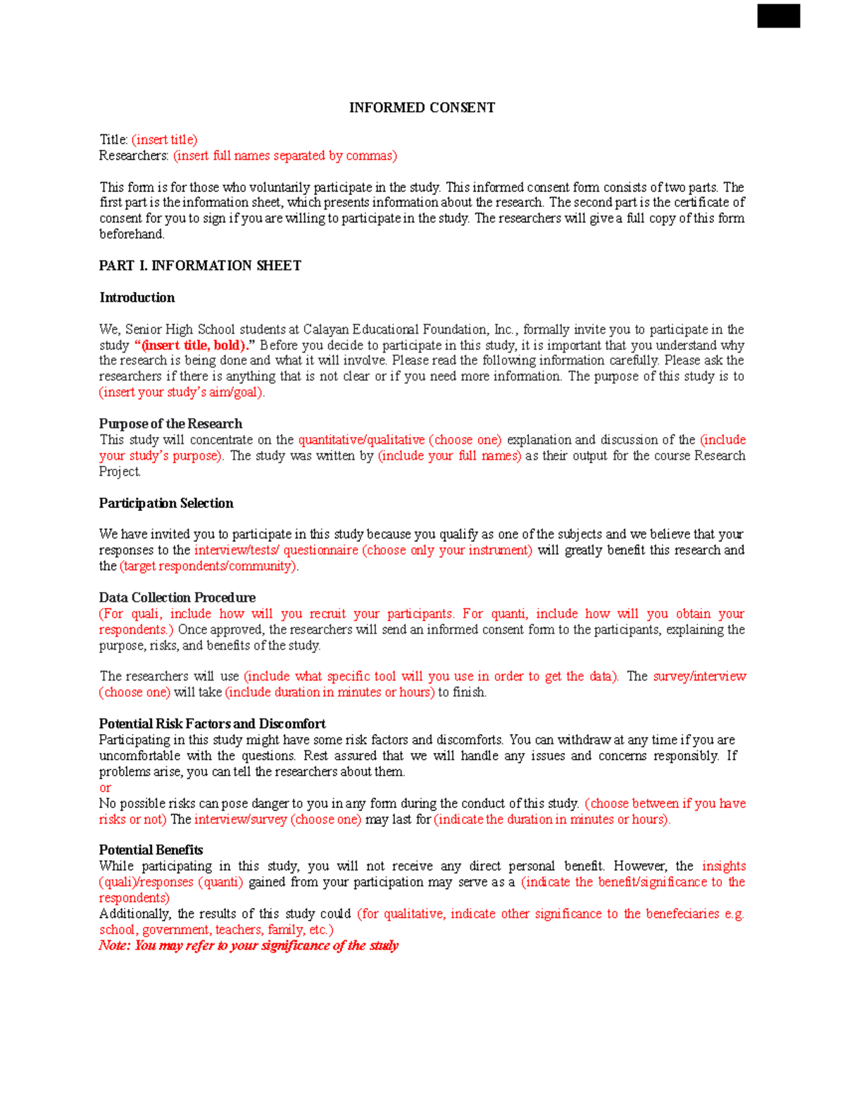 English Academic - INFORMED CONSENT Title: (insert title) Researchers ...