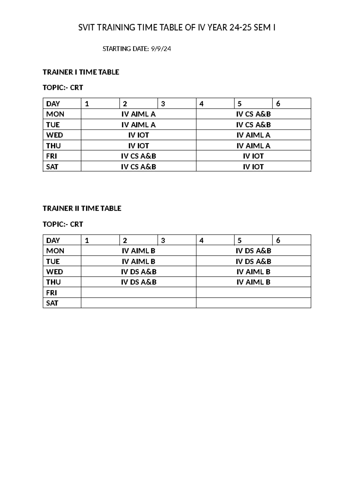 IV I Module I TIME Table want NMS too SVIT TRAINING TIME TABLE OF