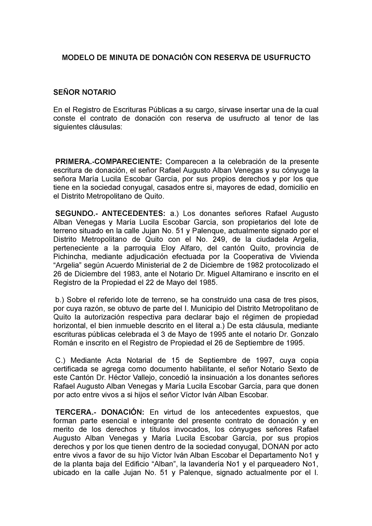 Actividad 2 B2 - Informe - MODELO DE MINUTA DE DONACIÓN CON RESERVA DE  USUFRUCTO SEÑOR NOTARIO En el - Studocu