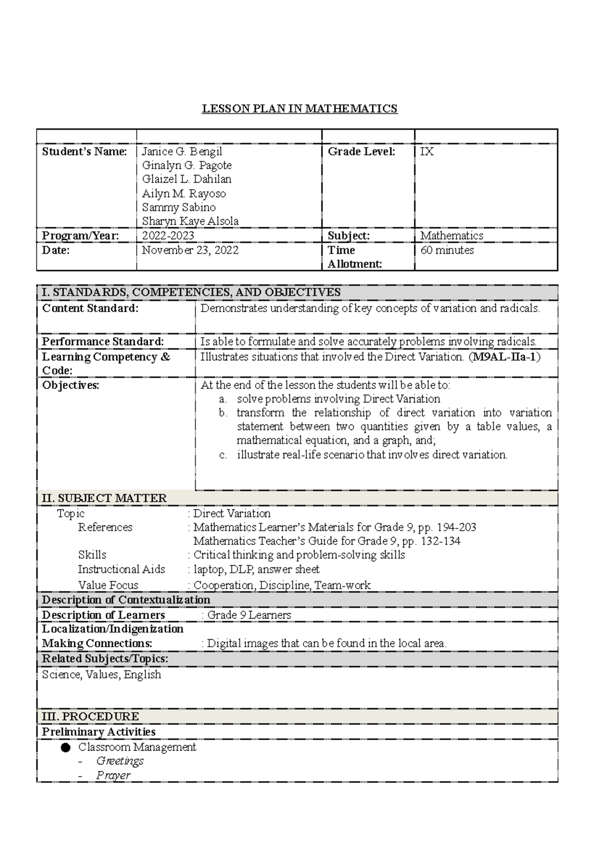 Lessonplan-directvariation - LESSON PLAN IN MATHEMATICS Student’s Name ...