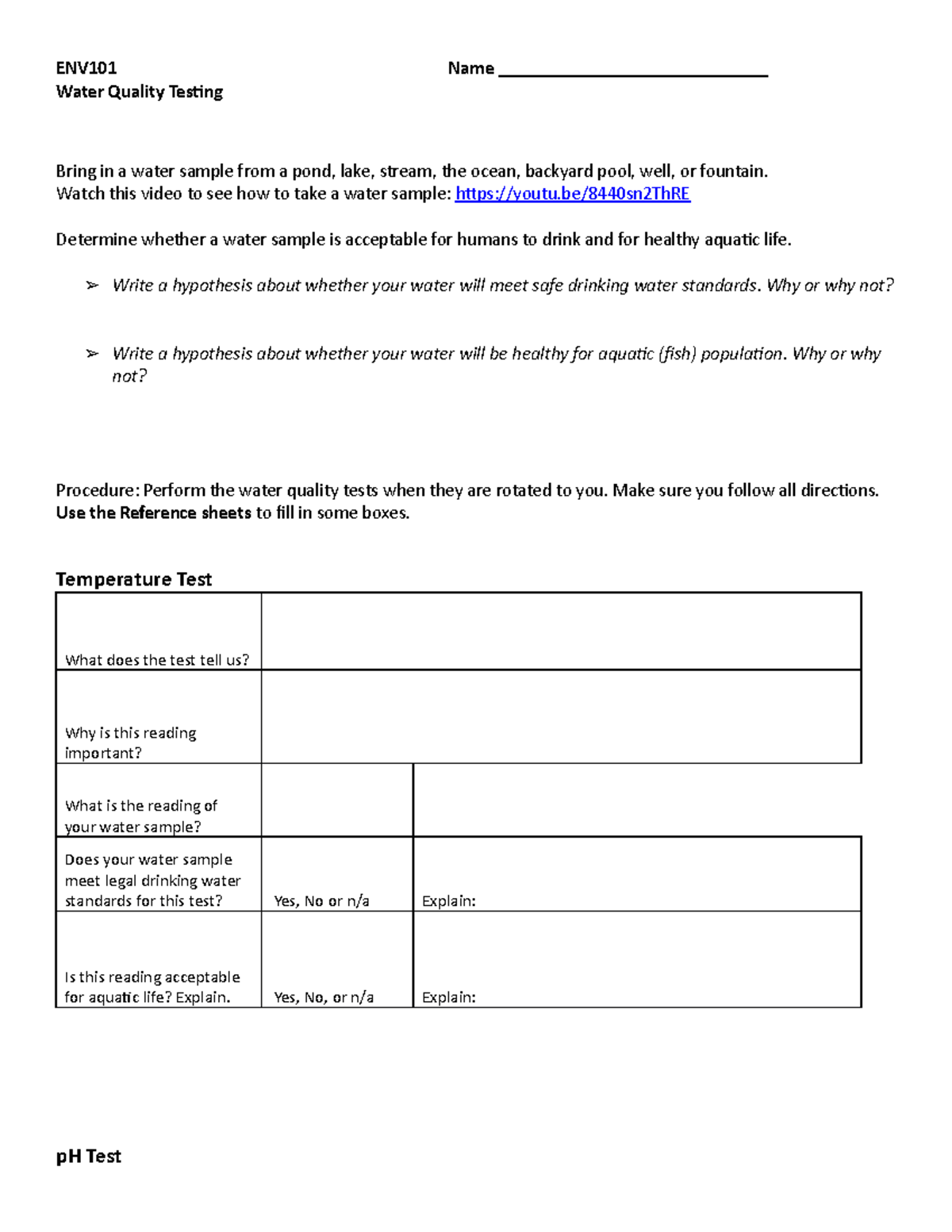 Water Quality Testing 2018 - ENV101 Name ...