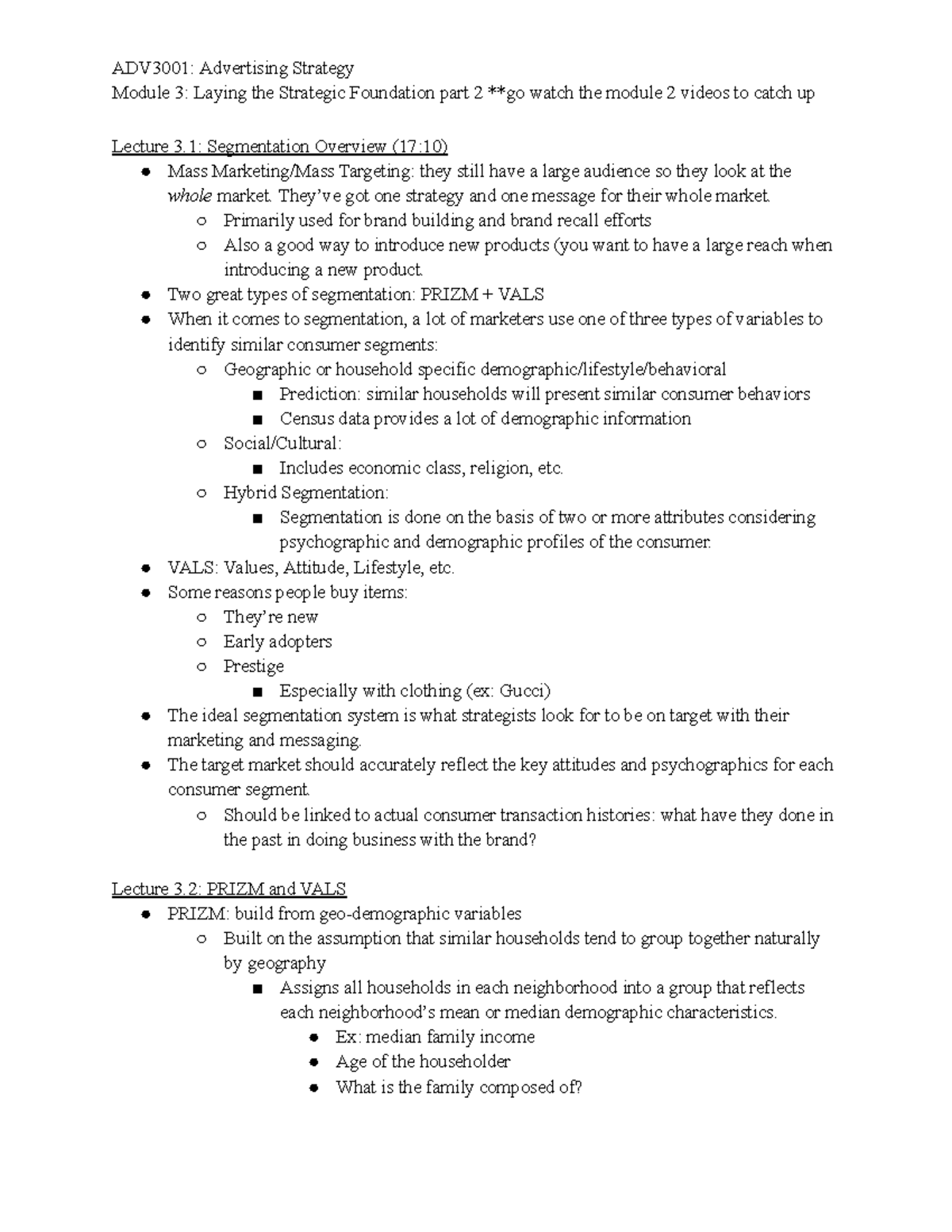 ADV3001 M3 Notes ADV3001 Advertising Strategy Module 3 Laying the