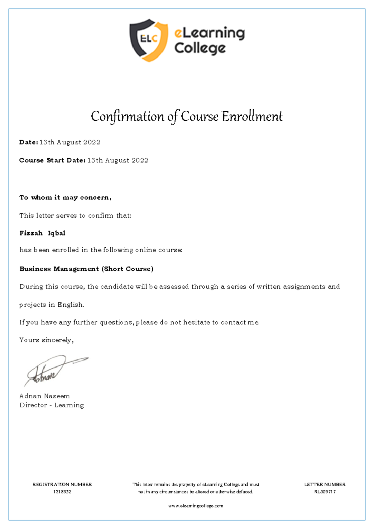 Business Management (Short Course - Confirmation of Course Enrollment ...