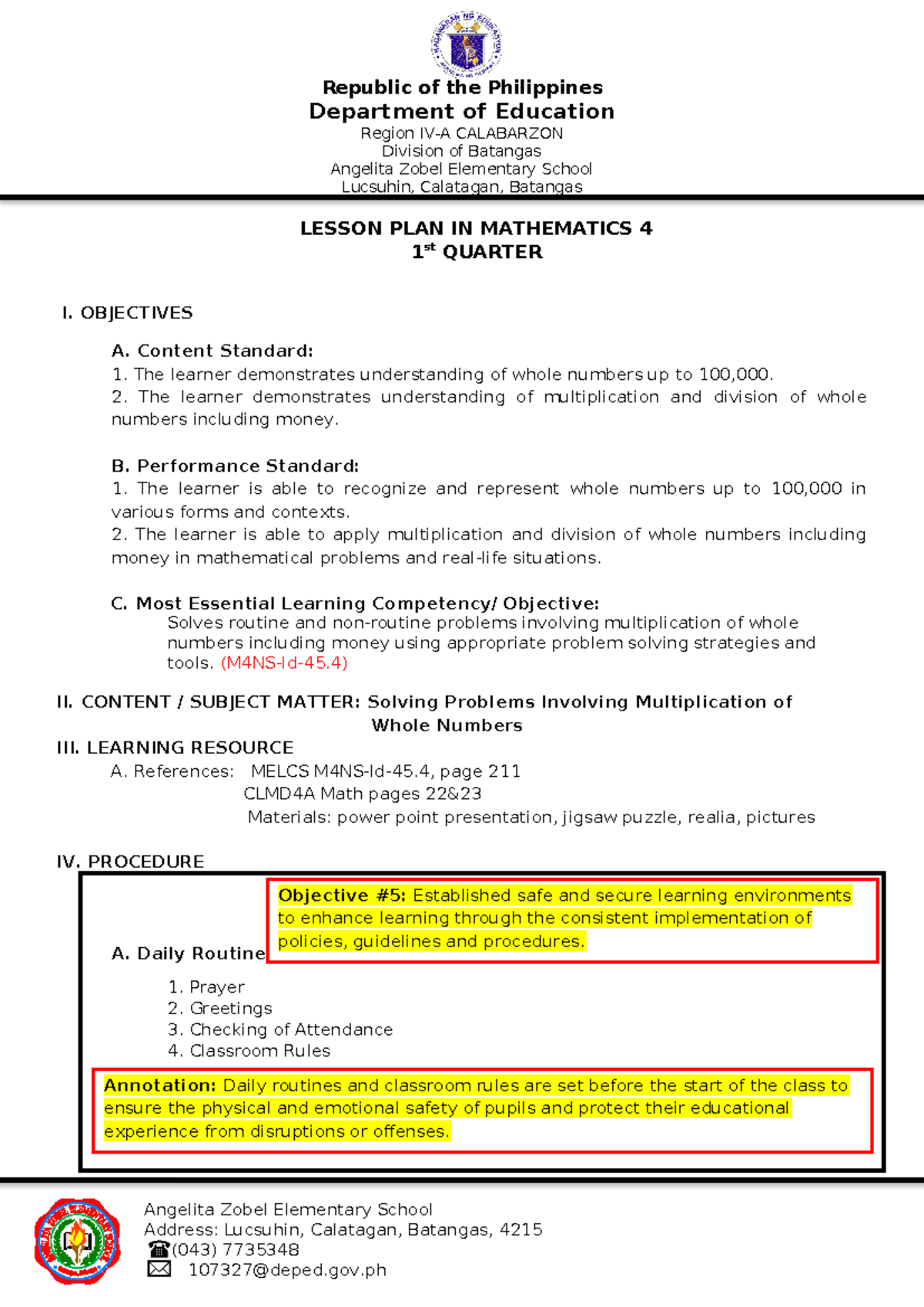 COT 1 MATH4 - lesson plan - Angelita Zobel Elementary School Address ...