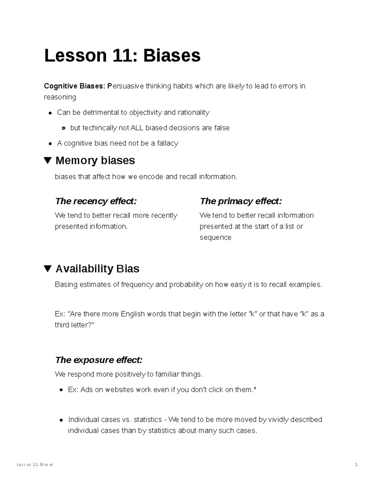 Lesson 11 Cognitive Bias - Lesson 11: Biases 1 Lesson 11: Biases ...