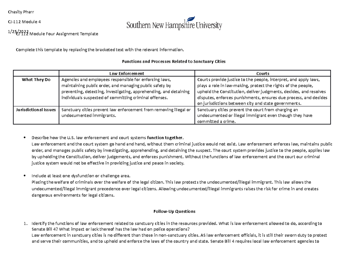 CJ 112 Module Four Assignment - Functions and Processes Related to ...