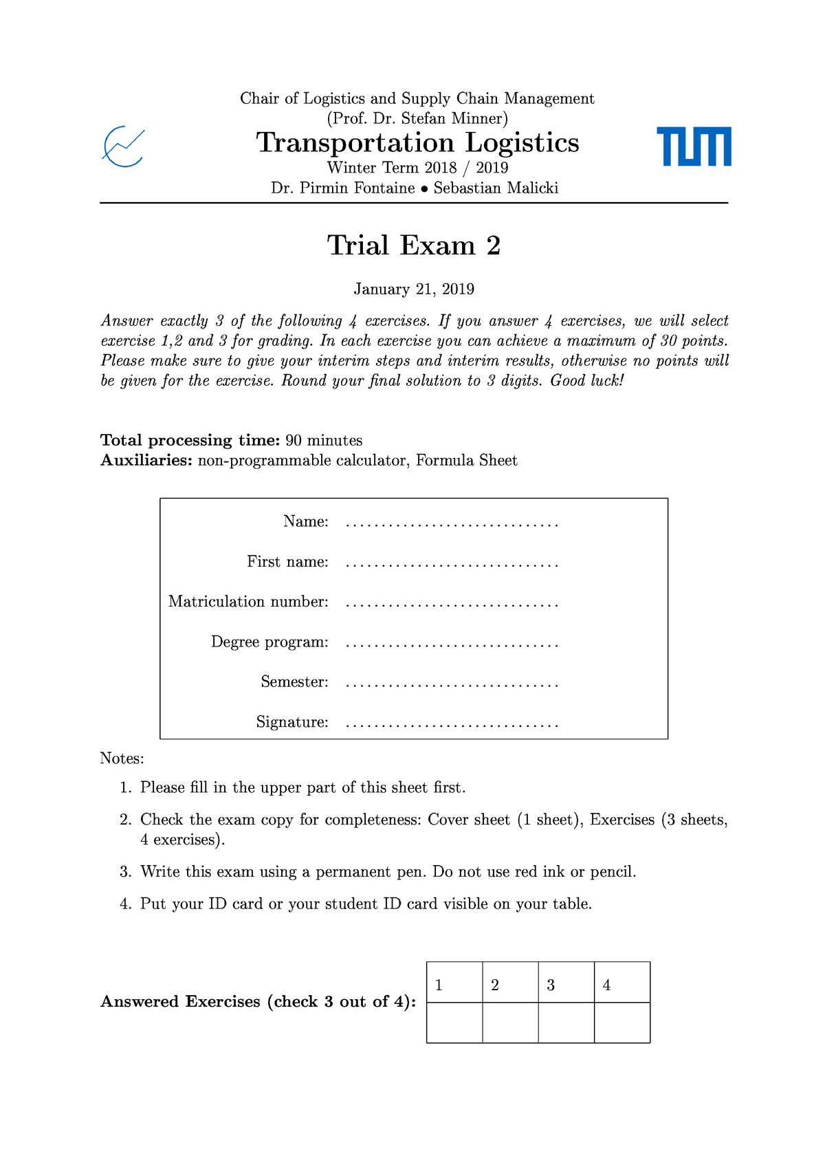 Trial Exam No. 2222 - Probekalusur 2222 - Transportation Logistics - StuDocu