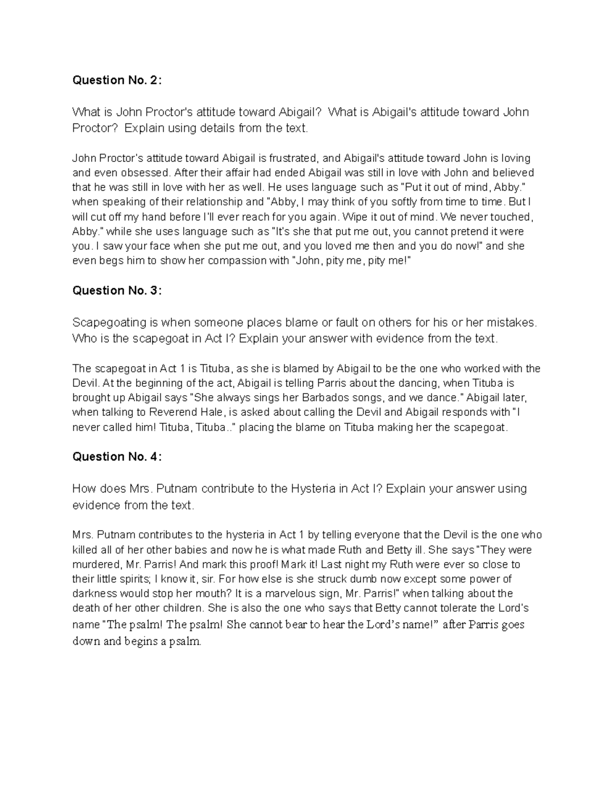 The Crucible Act 1 Questions - Question No. 2: What is John Proctor's ...