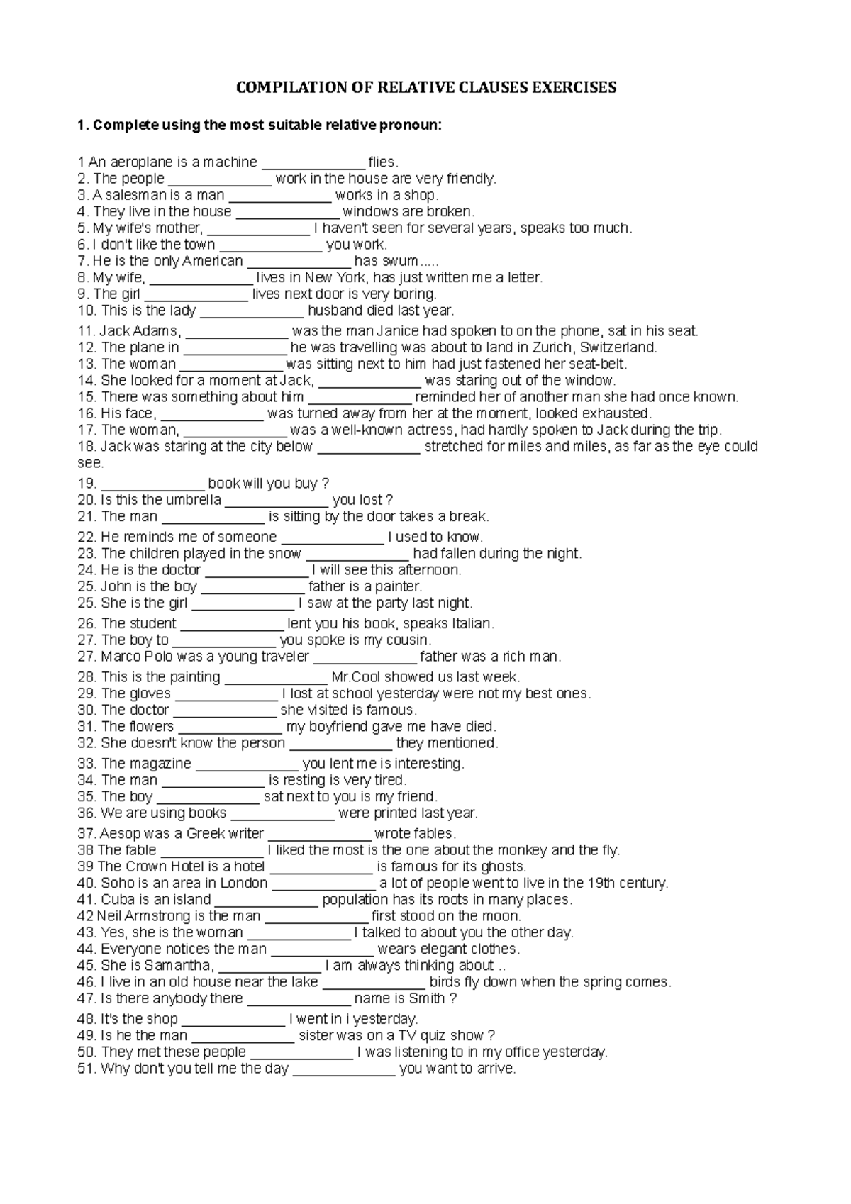 Relative Clauses Exercises AND KEY COMPILATION OF RELATIVE CLAUSES 