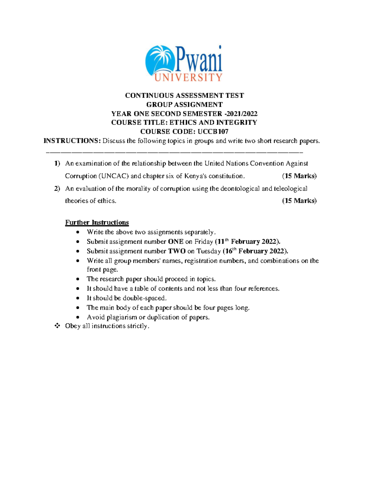 CAT Ethics AND Integrity CONTINUOUS ASSESSMENT TEST GROUP ASSIGNMENT