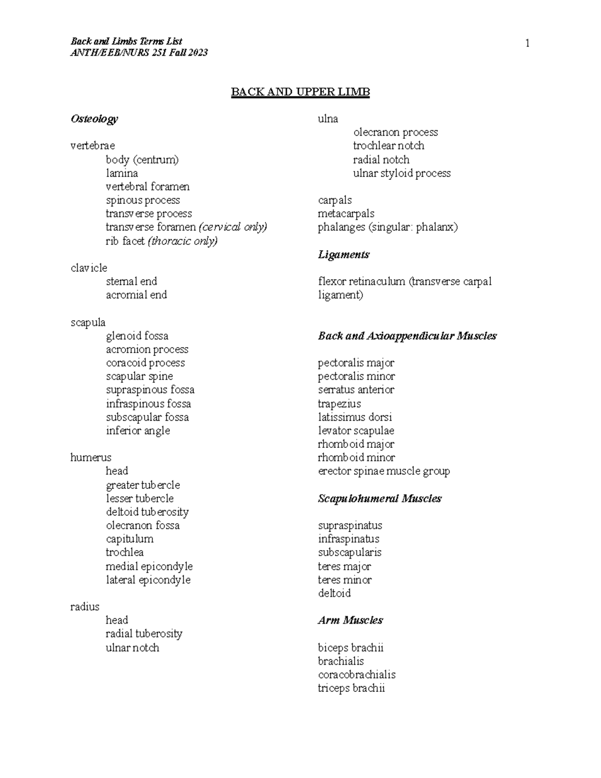 Terms List - F2023 - Back and Limbs all - ANTH/EEB/NURS 251 Fall 2023 1 ...