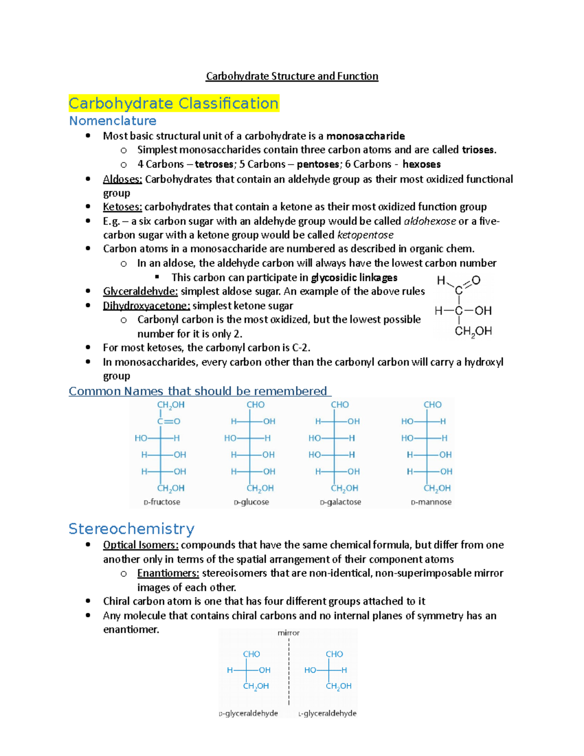 Carbohydrate Structure and Function Studocu