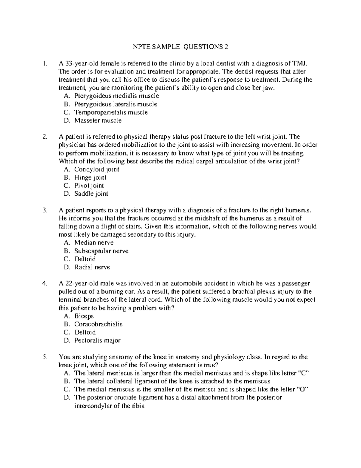 NPTE Practice Questions 2 - NPTE SAMPLE QUESTIONS 2 A 33-year-old ...