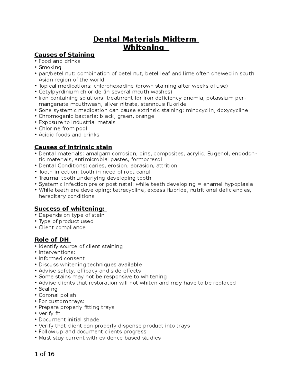 Dental materials midetrm nots Dental Materials Midterm Whitening Causes of Staining Food and