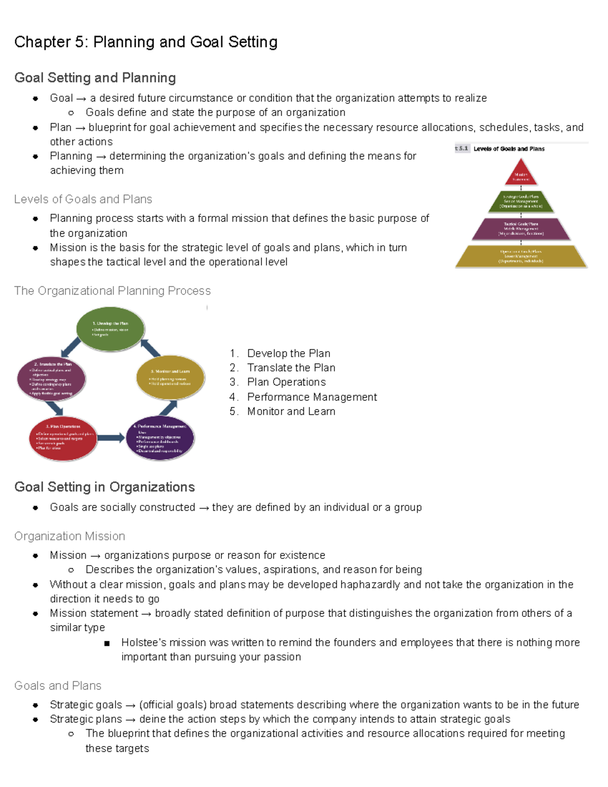 Notes Exam 2 - Management - Chapter 5: Planning and Goal Setting Goal ...