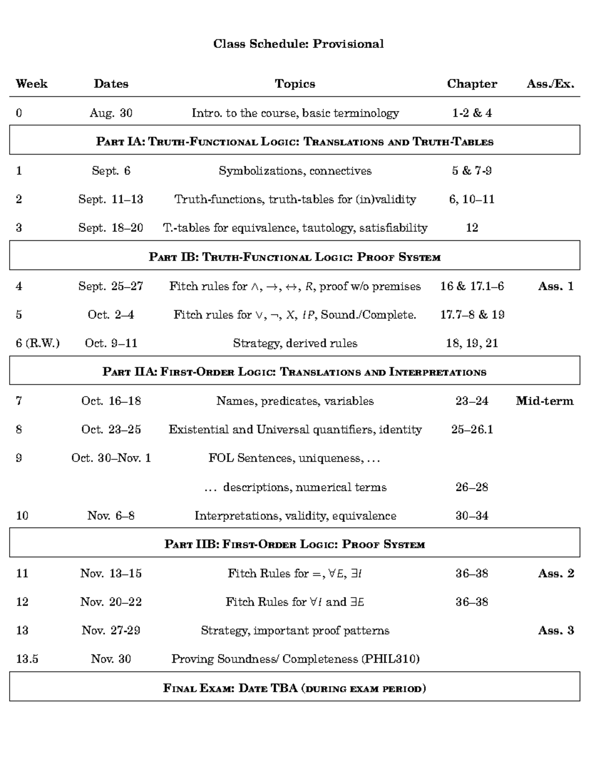 210, Provisional Schedule 2023 - Class Schedule: Provisional Week Dates ...