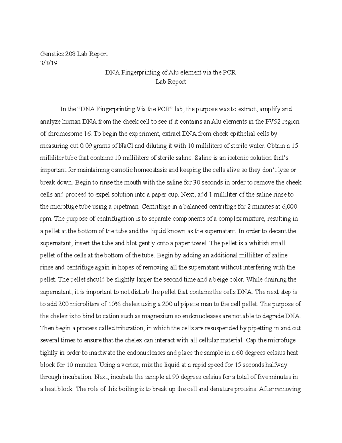 Genetics Lab Report - Genetics 208 Lab Report 3/3/ DNA Fingerprinting ...