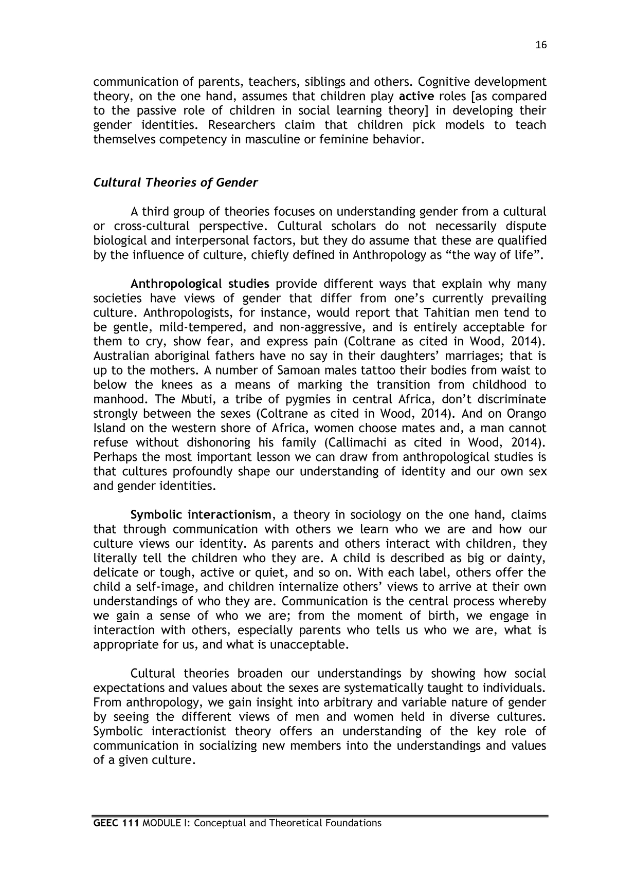 Cultural Theories Of Gender - 16 GEEC 111 MODULE I: Conceptual And ...