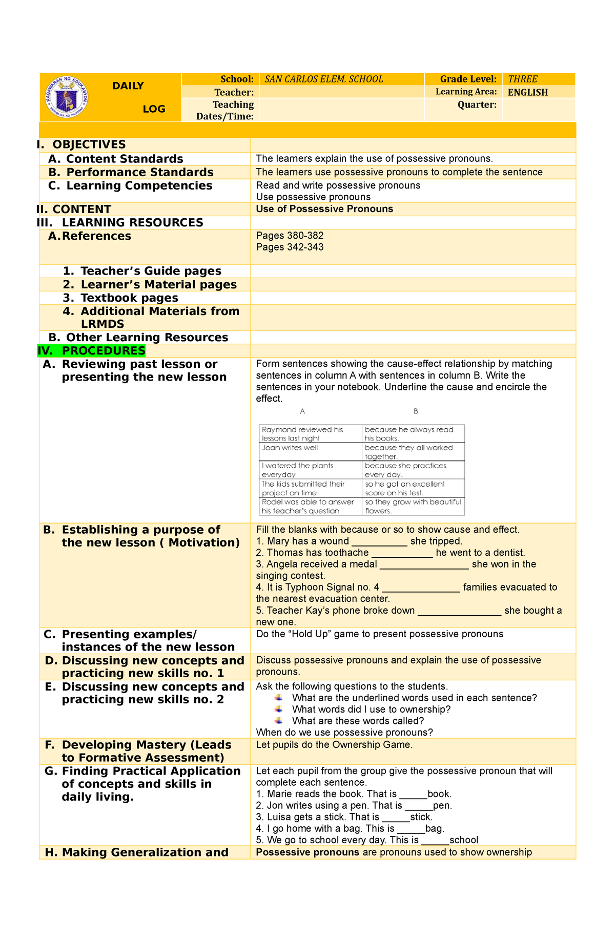 English-3-COT - English-3-COT - DAILY LESSON LOG School: SAN CARLOS ...