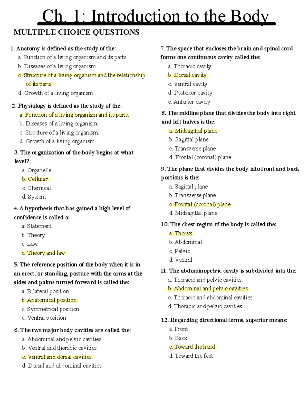 Ch 1 Questions - Ch. 1: Introduction To The Body MULTIPLE CHOICE ...