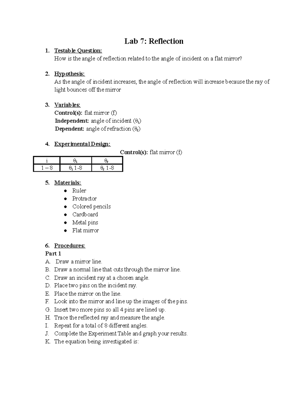 Lab 7 Reflection lab 7 Lab 7 Reflection Testable Question How is the angle of reflection