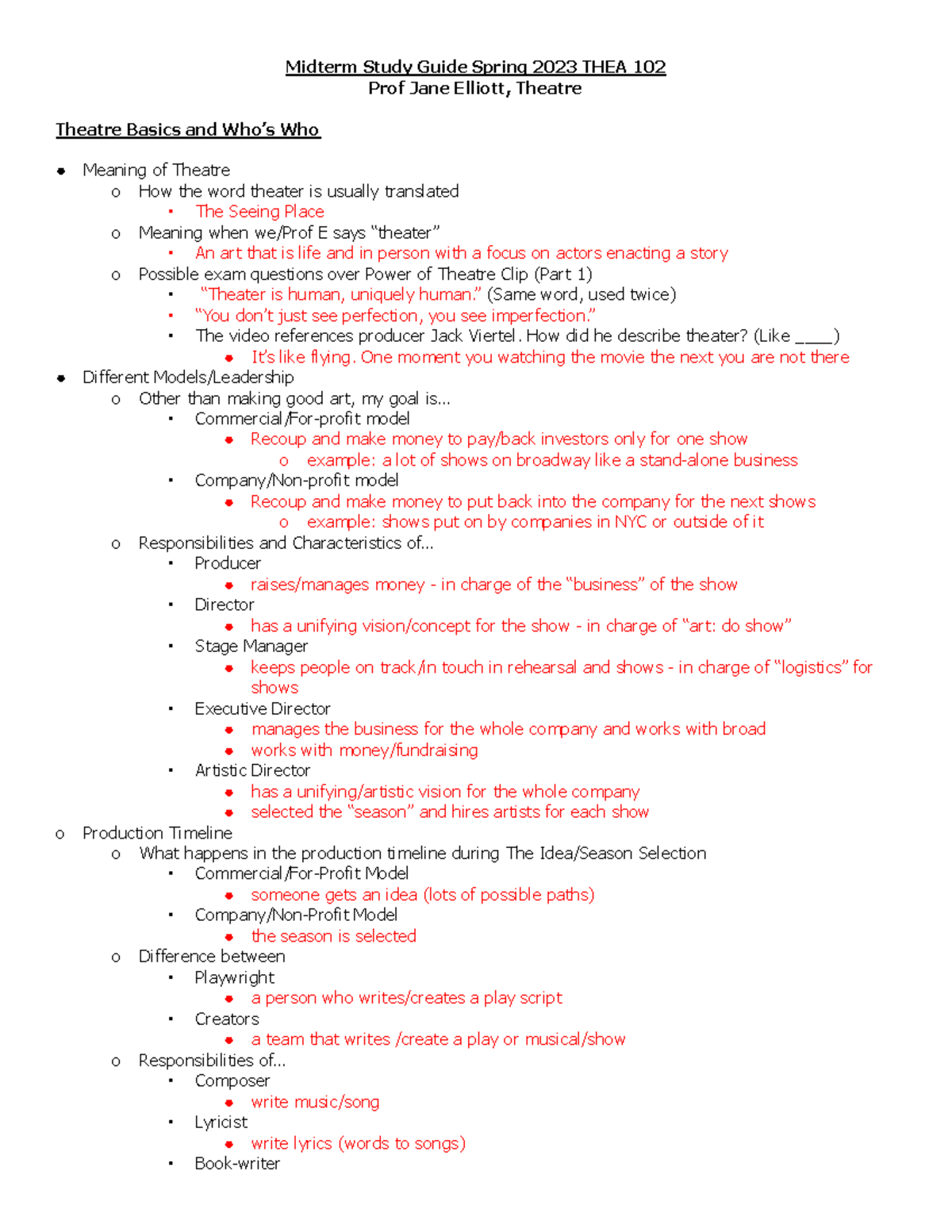 Study Guide THEA 102 Spring 2023 - Midterm Study Guide Spring 2023 THEA ...