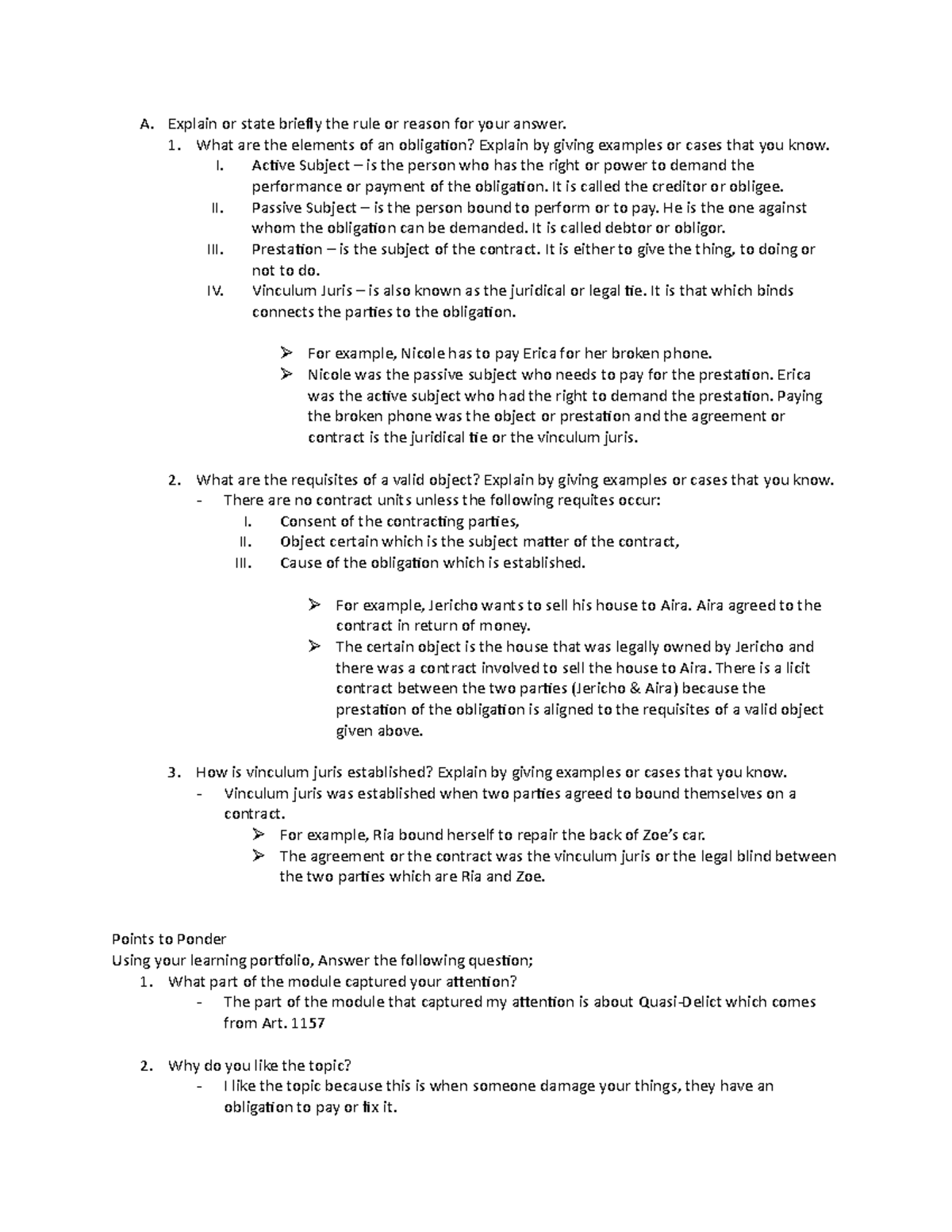 Oblicon 1 - A. Explain or state briefly the rule or reason for your ...