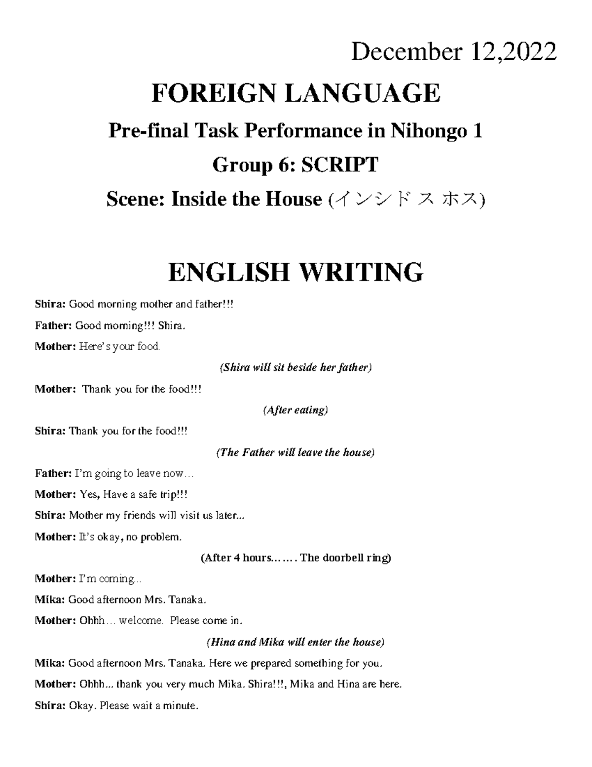 Nihongo TP - a written essay - December 12, FOREIGN LANGUAGE Pre-final ...