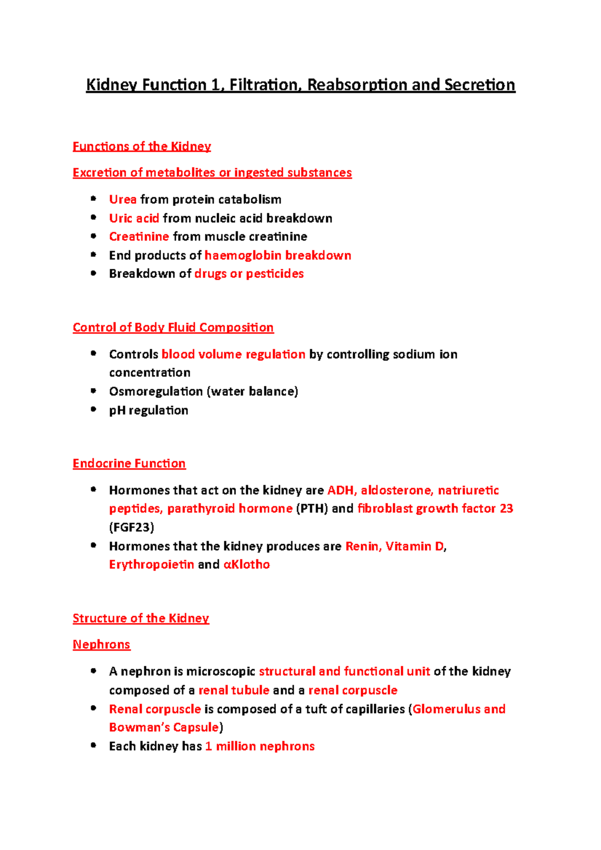 Kidney Function 1 - Lecture notes 1 - Kidney Function 1, Filtration ...