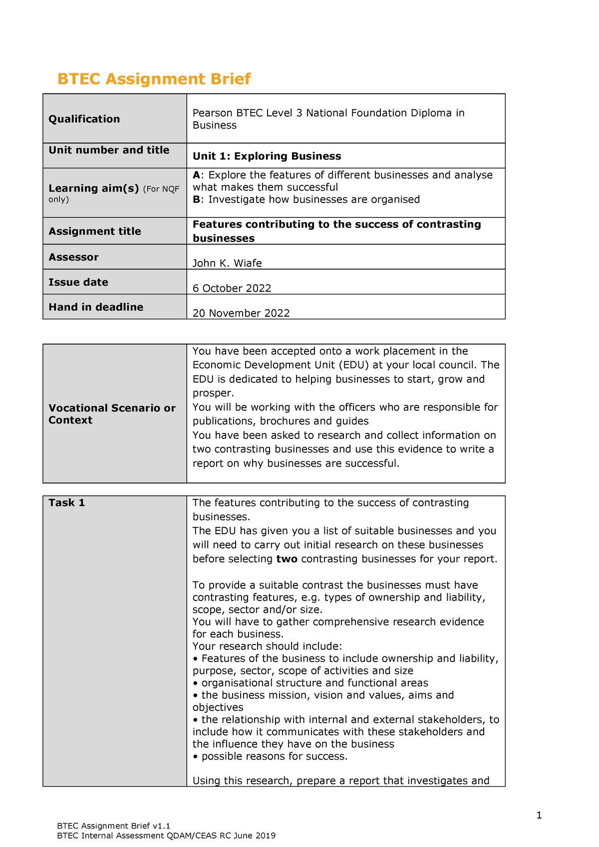 Unit-1-A-and-B- Revised-MAY-19 Exploring Business - BTEC Assignment ...