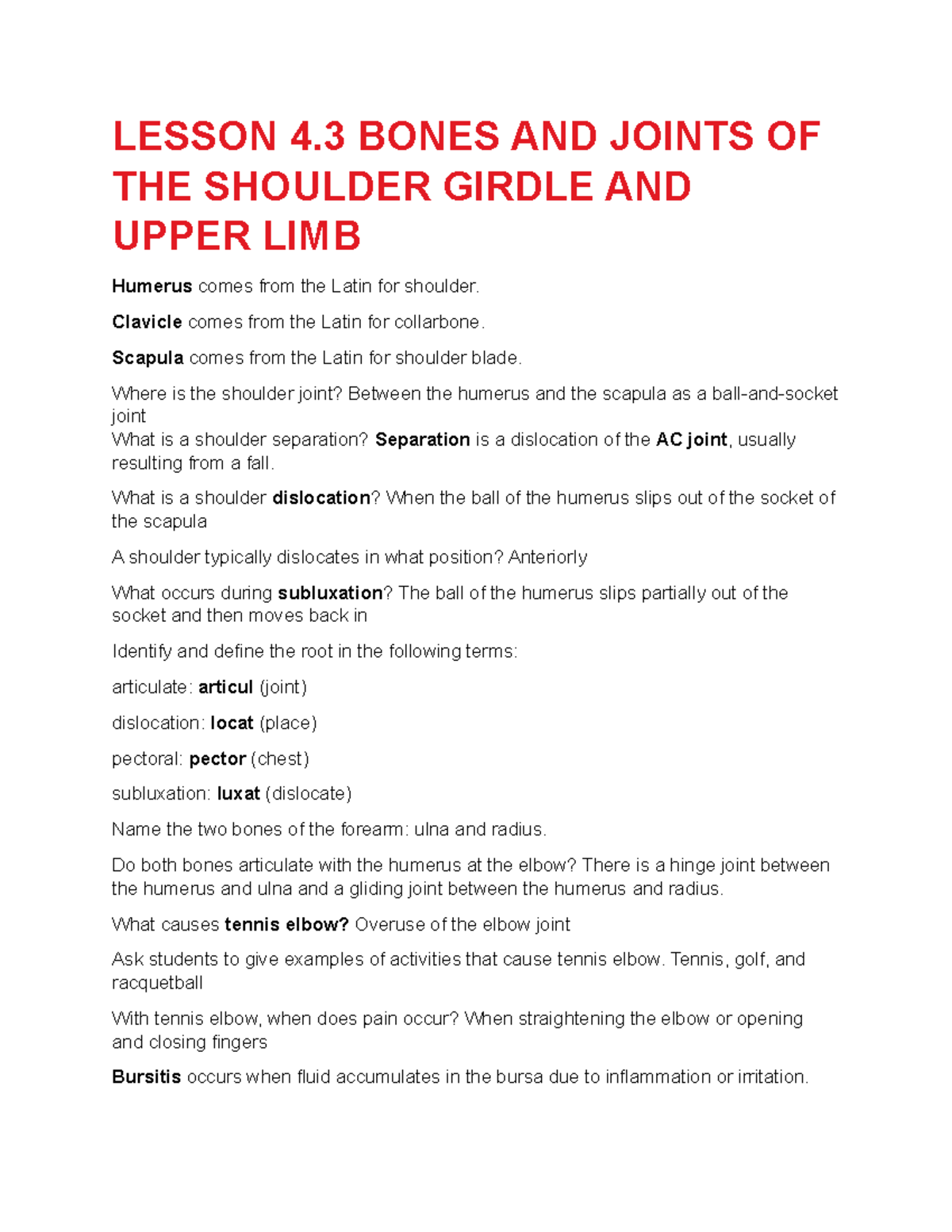 Lesson 4.3 Bones AND Joints OF THE Shoulder Girdle AND Upper LIMB ...