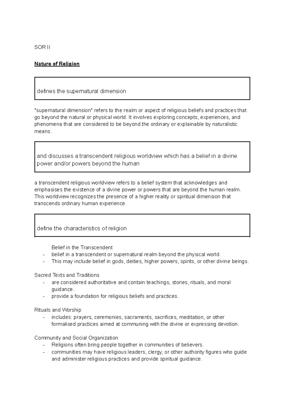 SOR II - Notes - ####### SOR II ####### Nature of Religion defines the ...