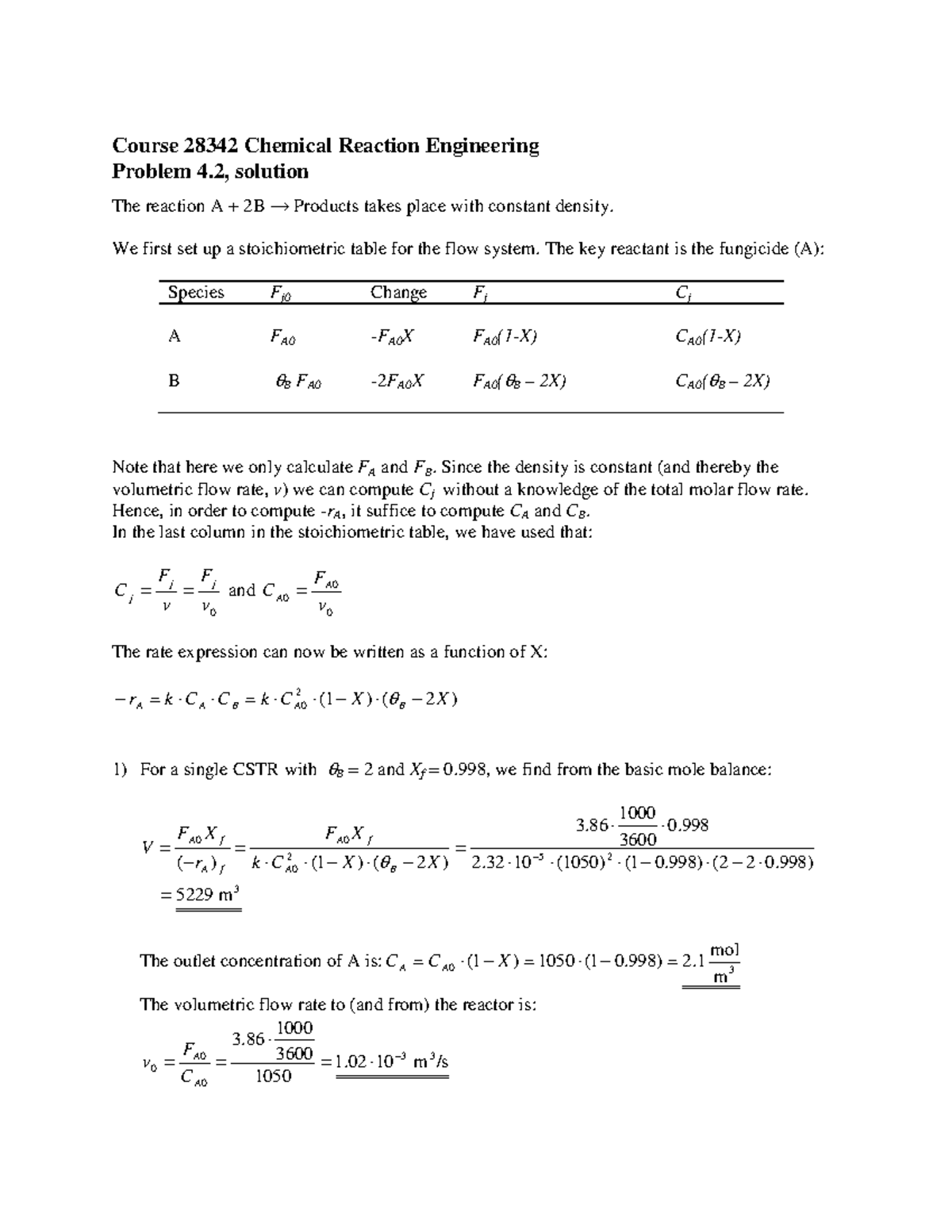 course work 14 from 2022 - Course 28342 Chemical Reaction Engineering ...